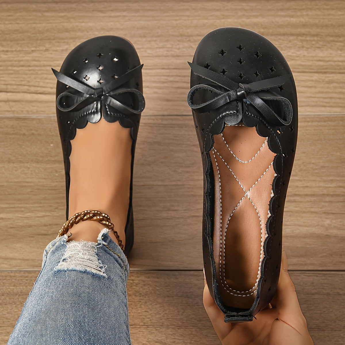 Women's All-Season Ballet Flats Breathable Slip-On Shoes with Bow Accents