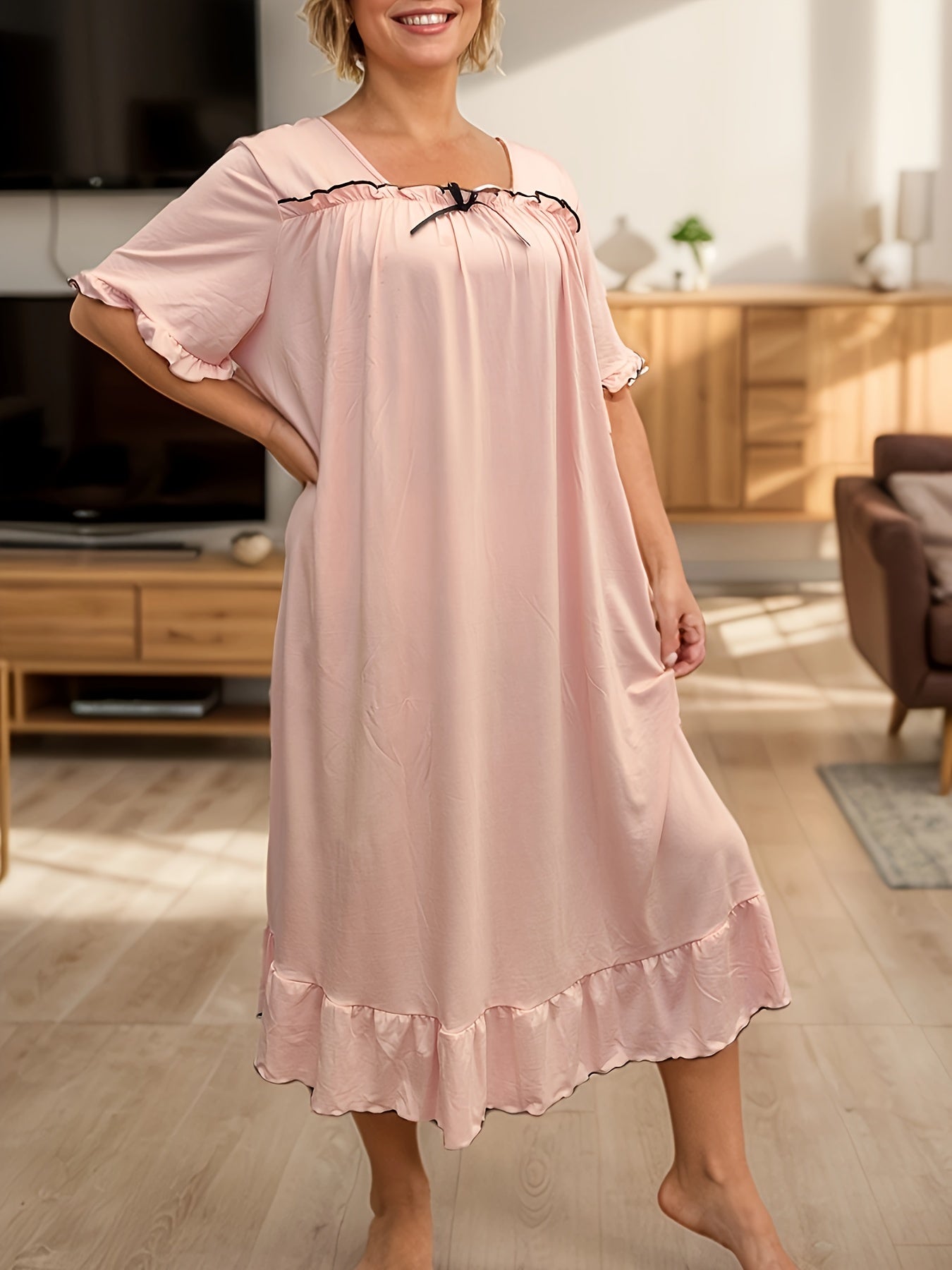 Plus Size Women's Casual Pink Ruffle Short Sleeve Midi Nightgown