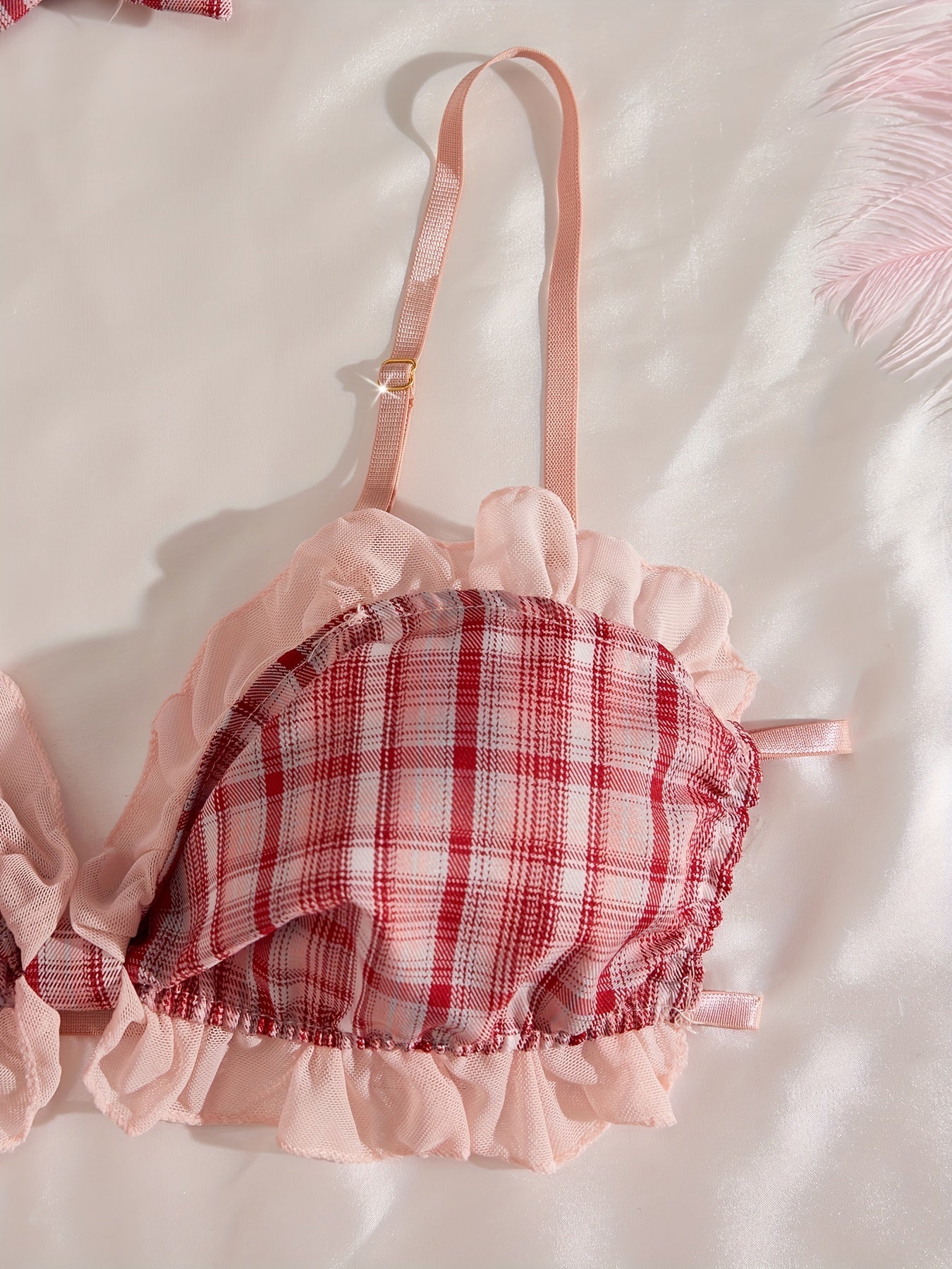 Plaid Bralette and Skirt Set with Bow Hair Clip Polyester Pleated Lingerie