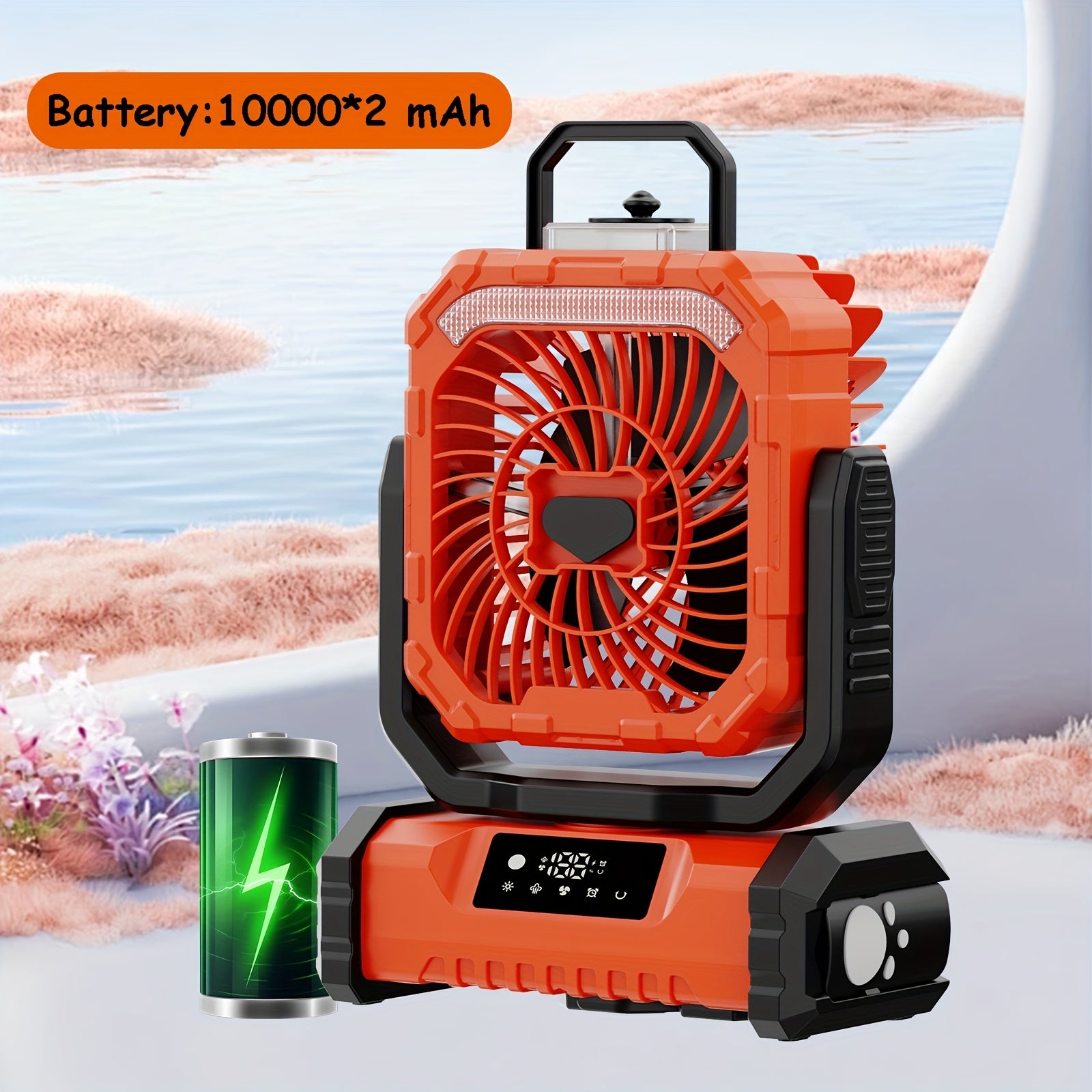 LED displey va masofadan boshqaruv bilan portativ RV ventilyatori, besh tezlikda sovutish, katta suv shishasi, uchta LED yorug'lik rejimi, favqulodda quvvat banki.