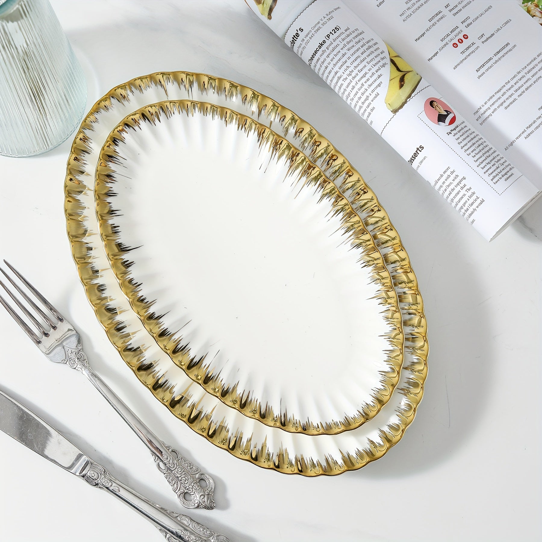 Set of 4 Ceramic Dinner Plates with Gold Rim for Pasta Salads and Desserts Dishwasher Safe Home and Restaurant Use