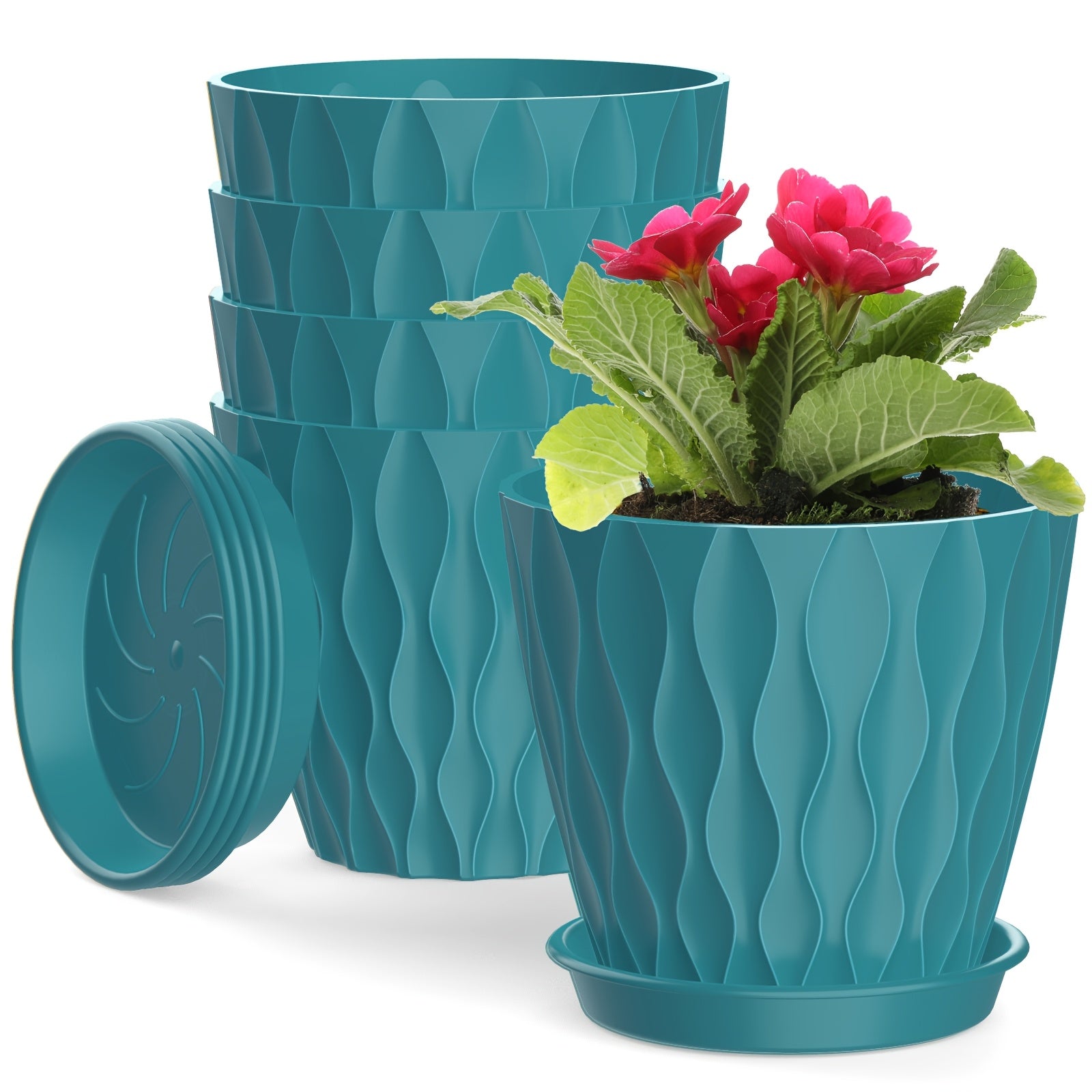 Set of 5 Boho Striped Plastic Flower Pots with Saucers 6-Inch Round Indoor Outdoor