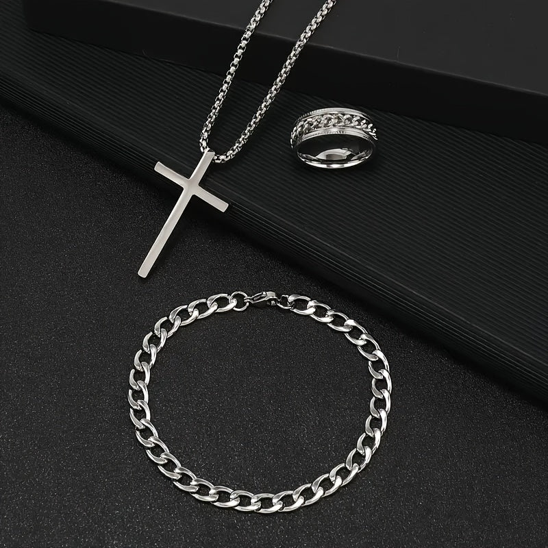Set of 3 Stylish Cross Chain Necklaces with Rotating Stainless Steel Jewelry