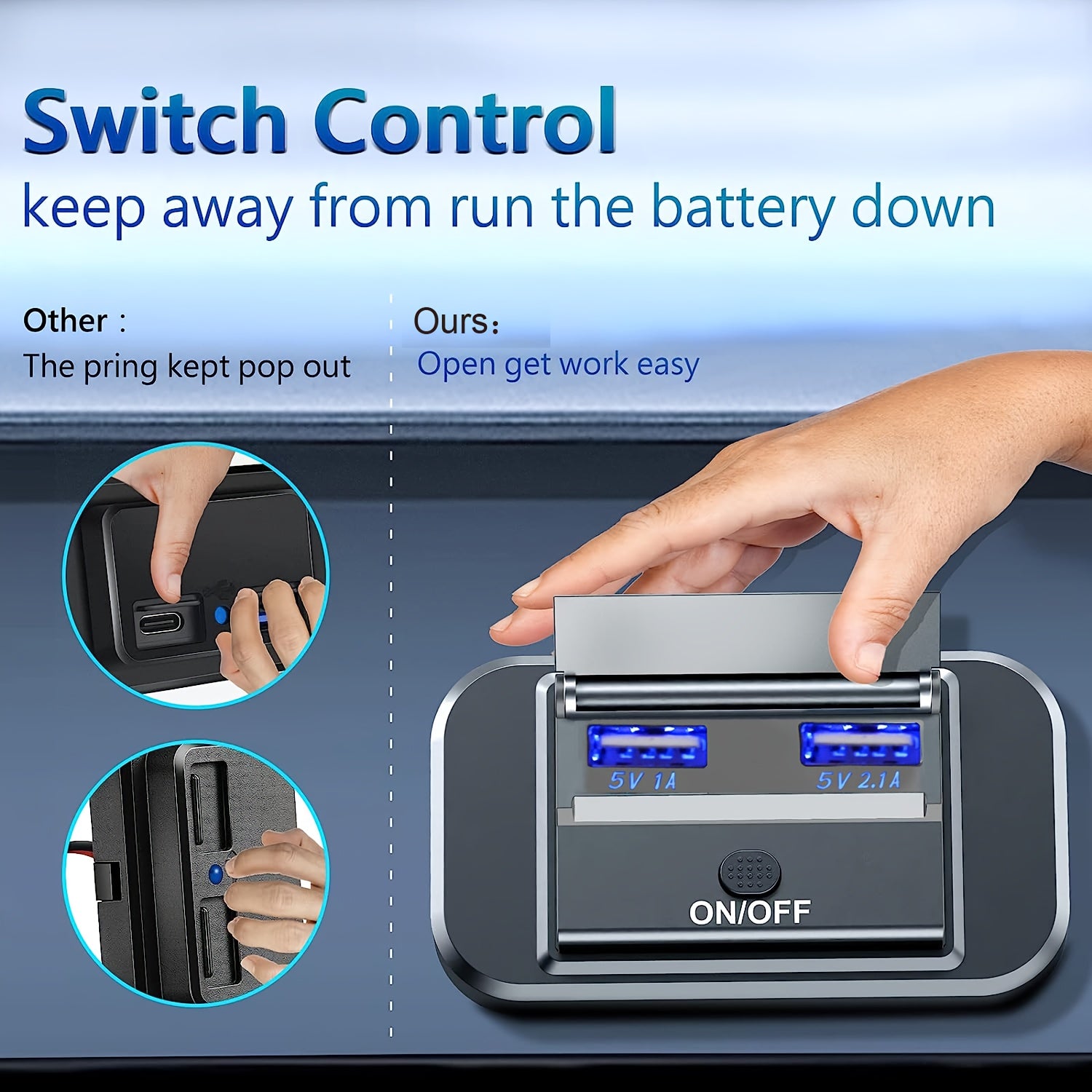 Switch uchun nazorat bilan juft USB avtomobil zaryadkasi, 12V-24V transport uchun zaryadlash