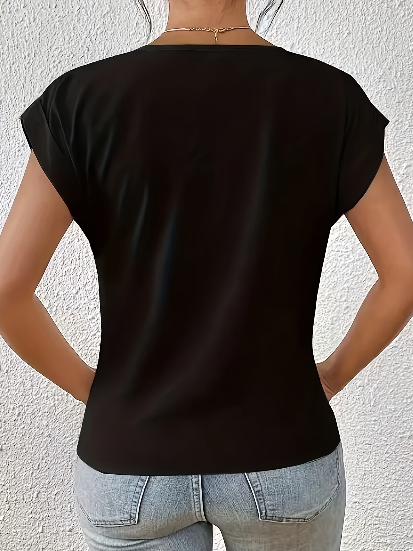 Plus Size V-Neck T-Shirt for Women Short Sleeve Black Polyester Casual Top