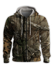 Men's Camo Hooded Jacket with Tree Branch Print Breathable Polyester Zipper Pockets Outdoor Casual Plus Size