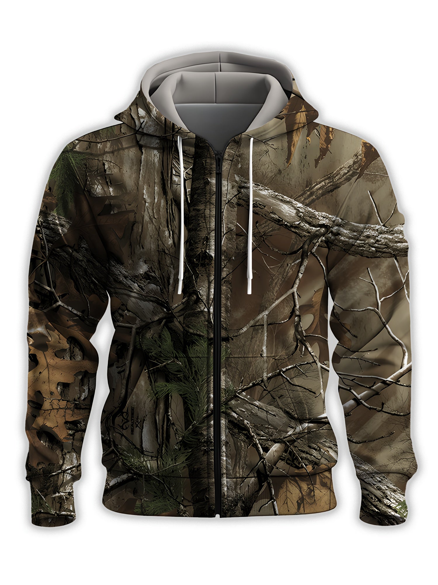Men's Camo Hooded Jacket with Tree Branch Print Breathable Polyester Zipper Pockets Outdoor Casual Plus Size