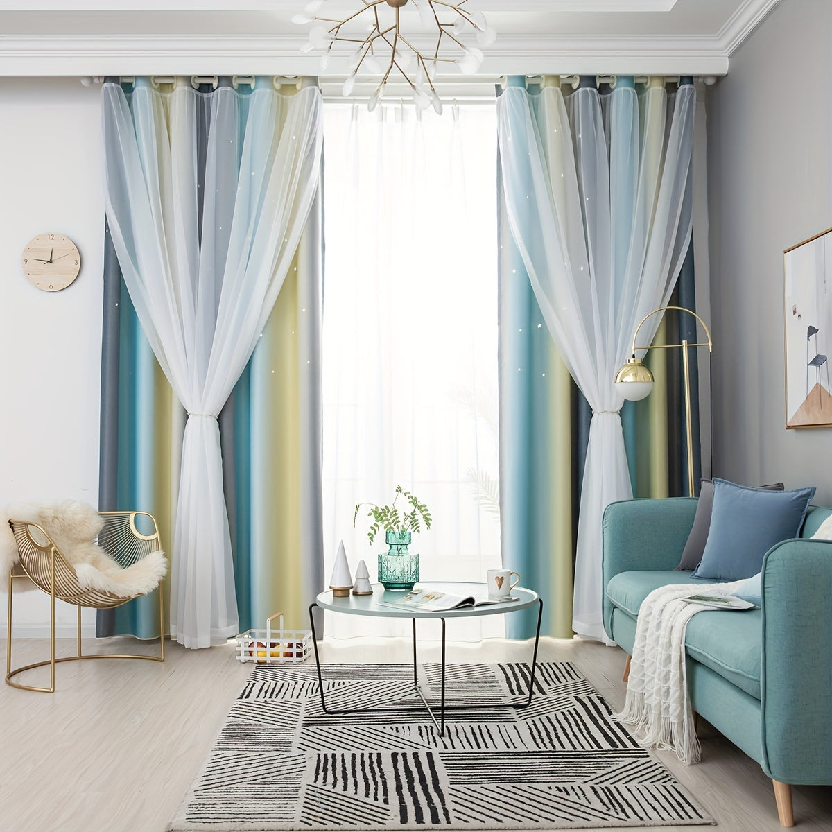 Gradient Blackout Curtains for Bedroom and Living Room Star Pattern Window Drapes