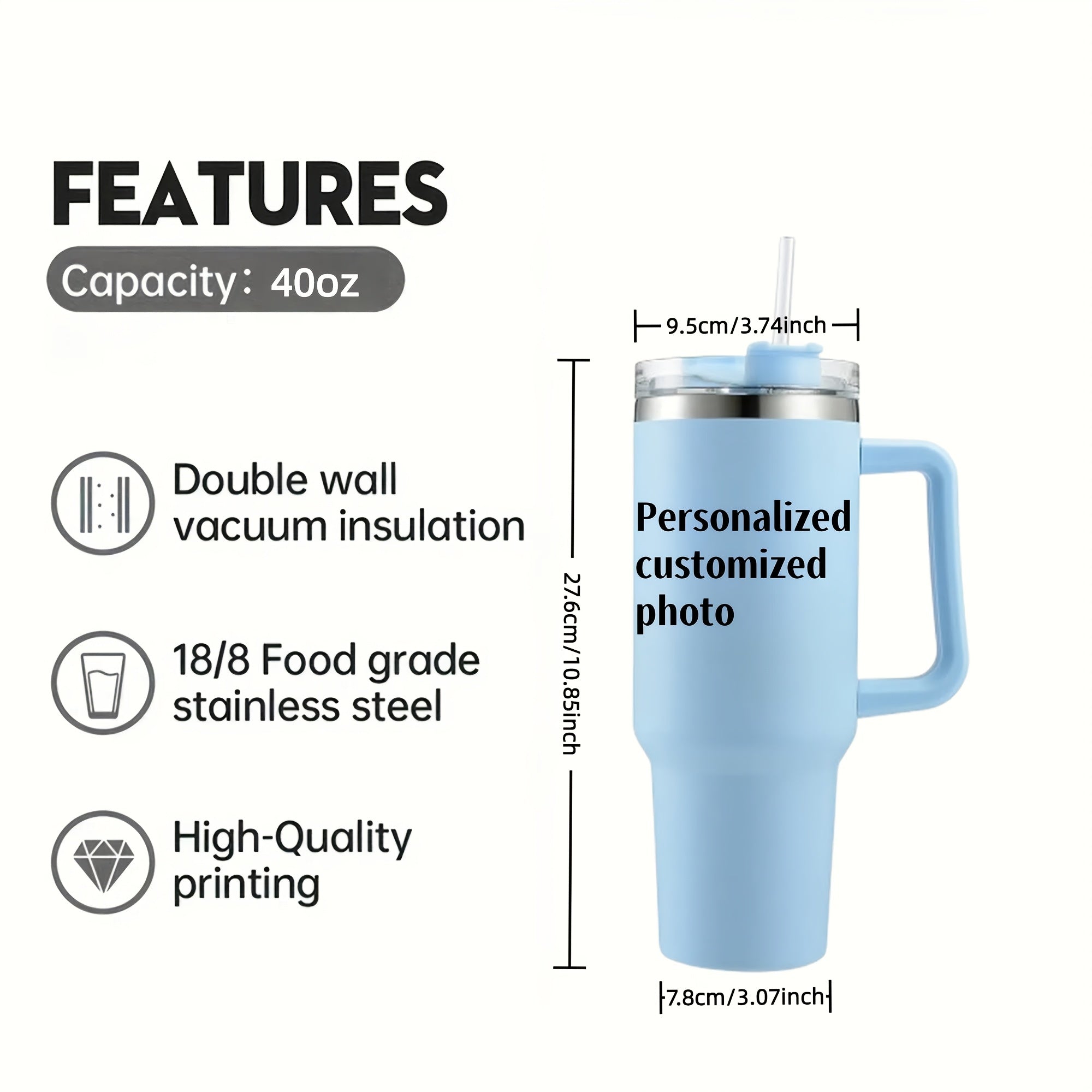 40oz Insulated Stainless Steel Tumbler with Straw and Lid Personalized Coffee Mug Gift