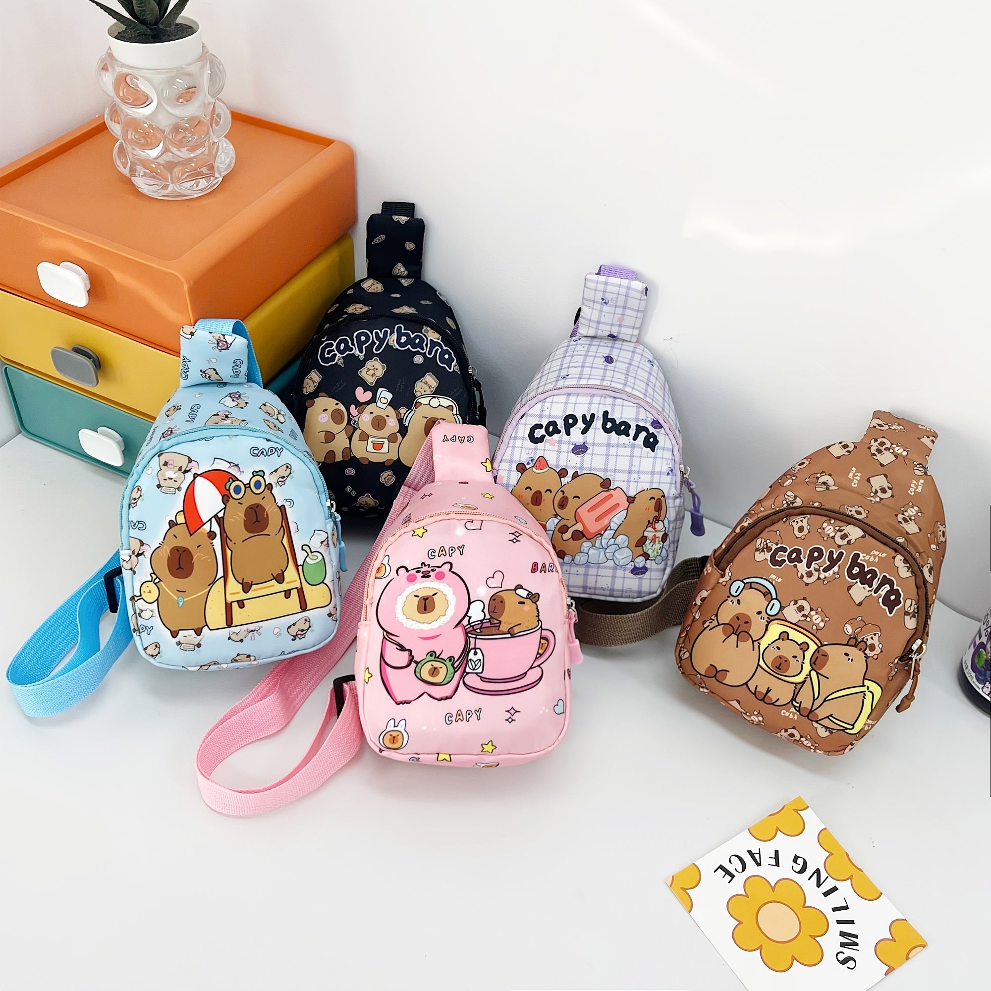 Kids Crossbody Bag with Capybara Print Nylon Adjustable Zipper Closure for Travel and Casual Use