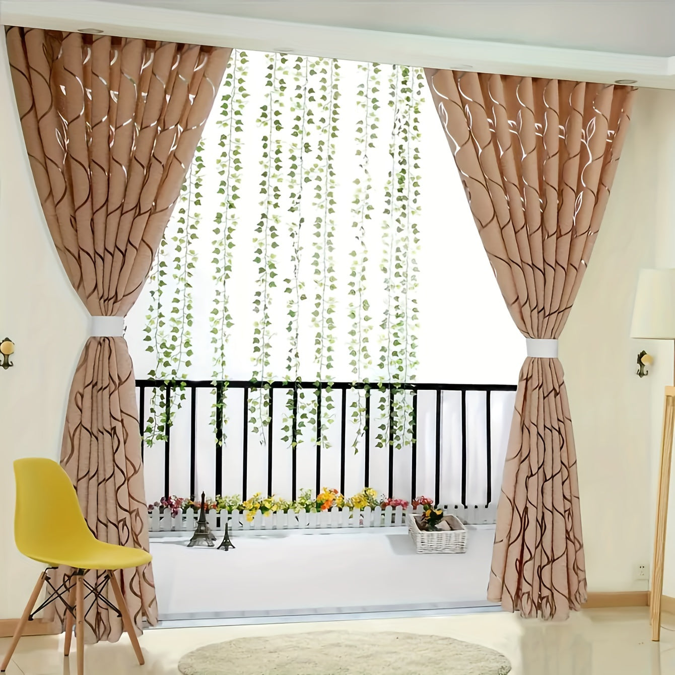 Khaki Leaf Pattern Sheer Curtain Light Filtering Rod Pocket for Living Room Bedroom