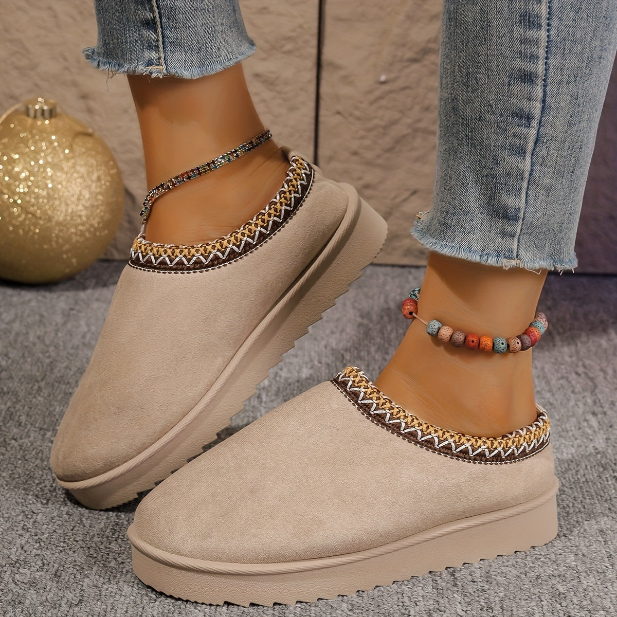 Women's Flannel Ankle Booties Casual Slip-on Round Toe Flat Heel Loafers