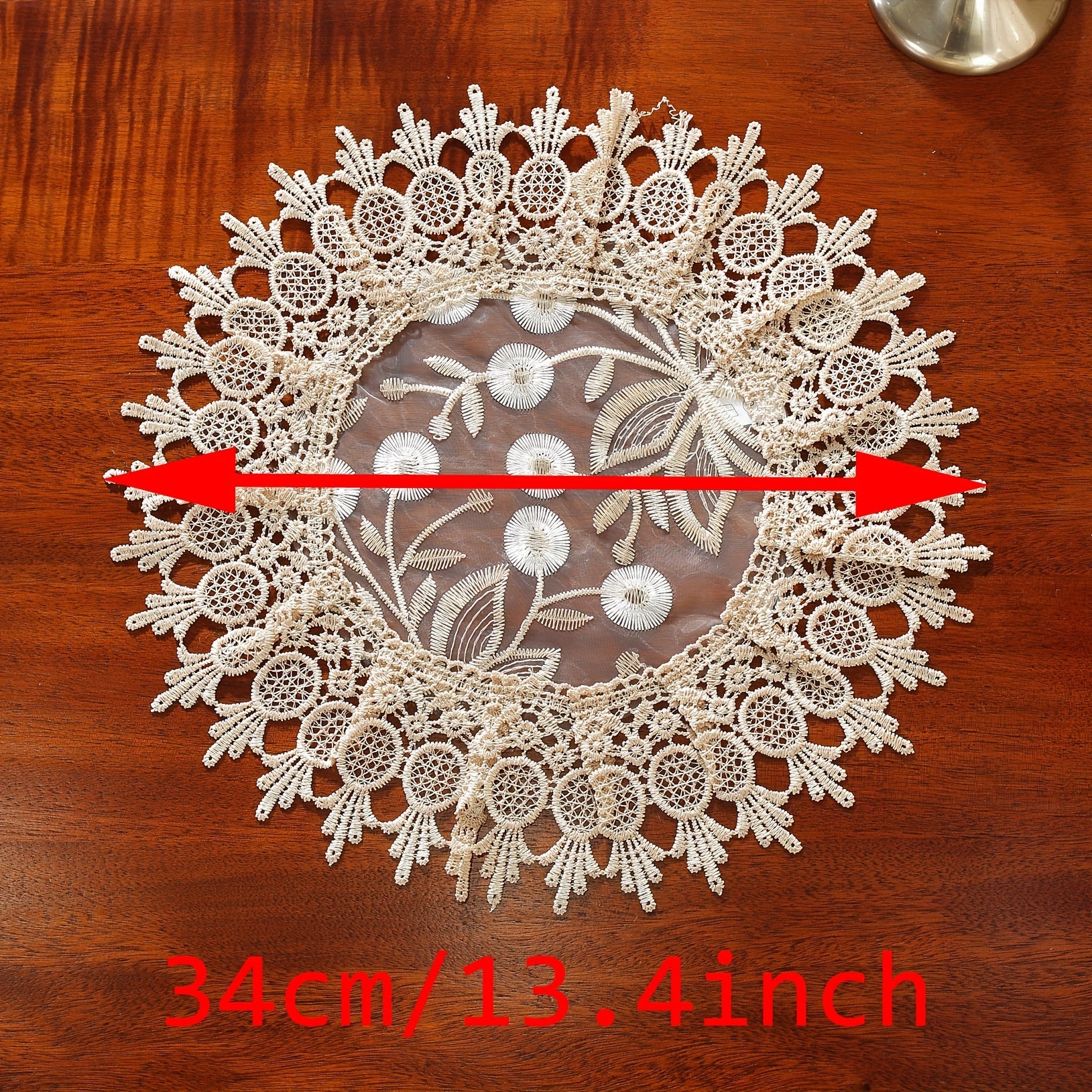 Individual de mesa de satén jacquard de poliéster grande y redondo con encaje bordado para mesa de comedor