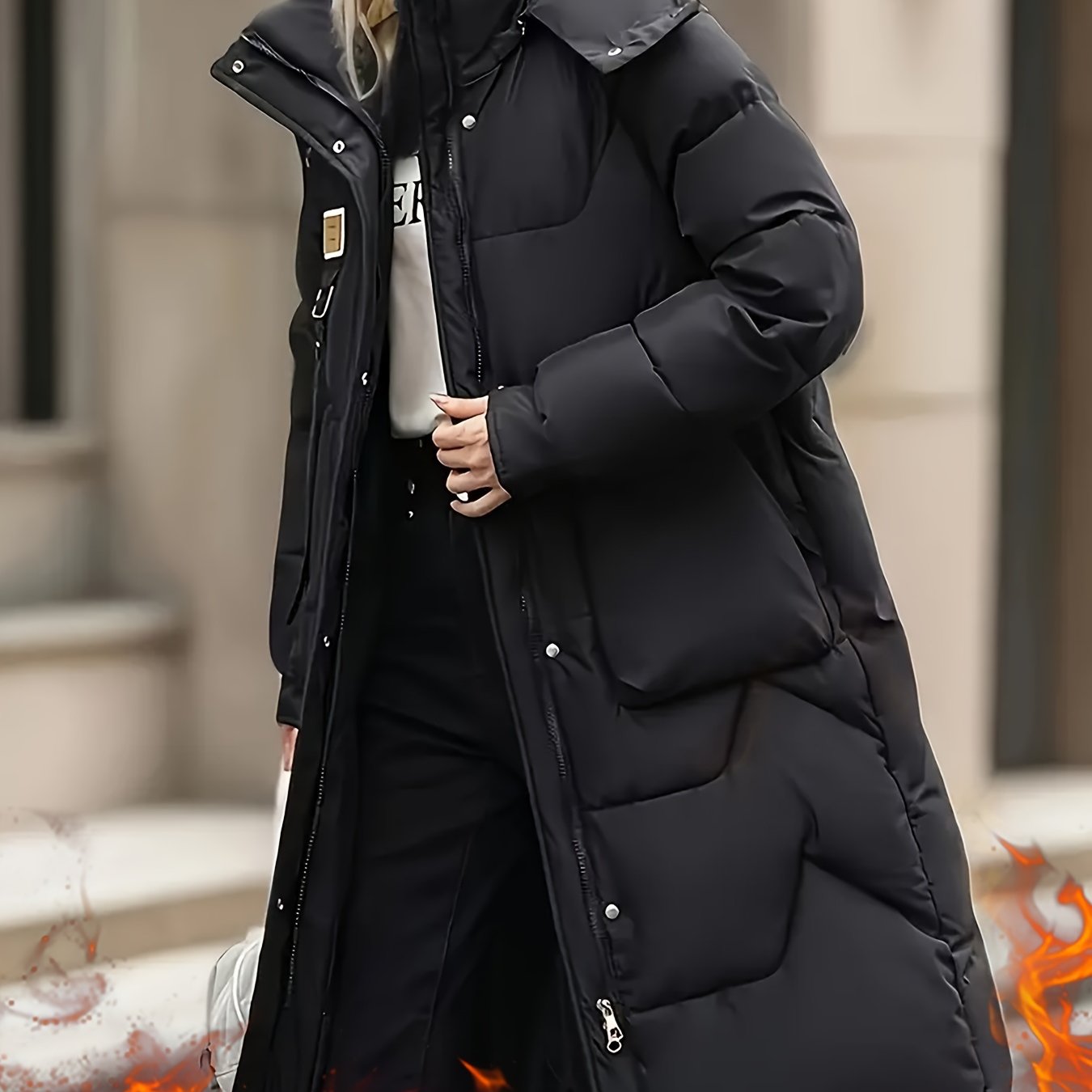 Women's Black Mid-Length Quilted Parka with Detachable Hood for Winter