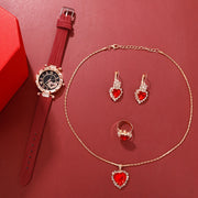 5 ta ayollar uchun romantik rhinestone yurak soatlari to'plami, kvarts mexanizmi va PU charm bandlari bilan