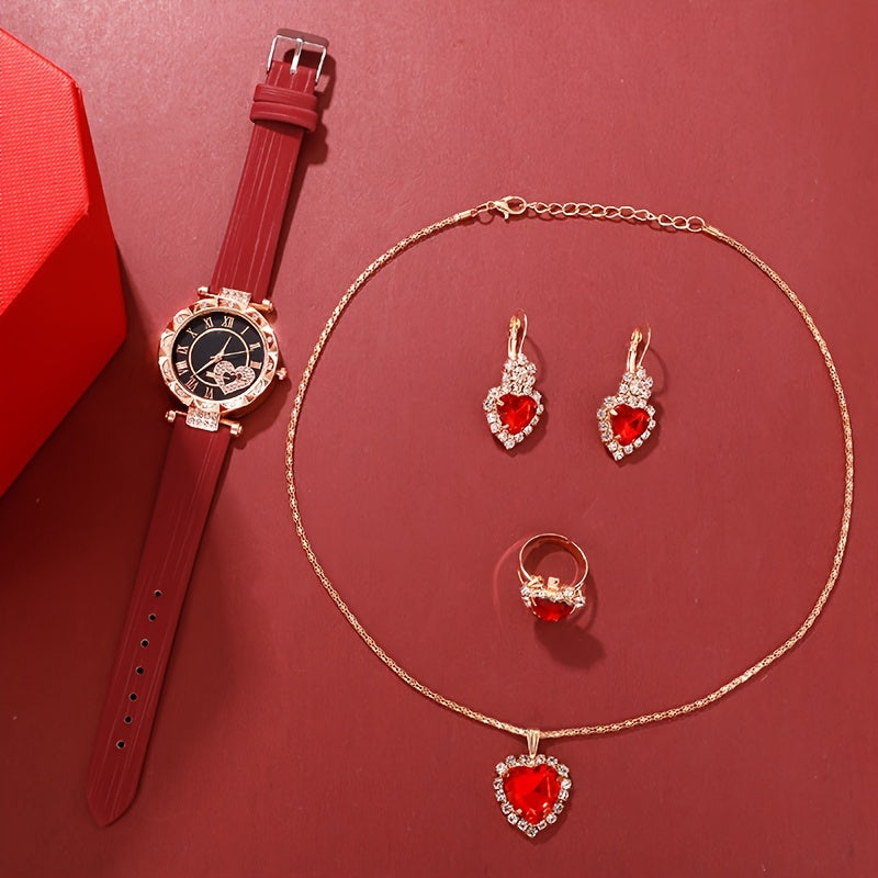 5 ta ayollar uchun romantik rhinestone yurak soatlari to'plami, kvarts mexanizmi va PU charm bandlari bilan