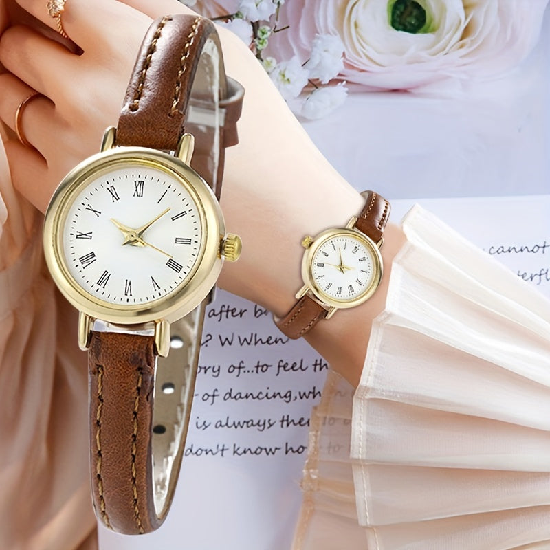 Women's Quartz Watch Casual Round Alloy Case PU Leather Band Retro Rome Style