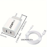 Cargador rápido dual USB-C de 25W con enchufe europeo para iPhone, Samsung y dispositivos Android