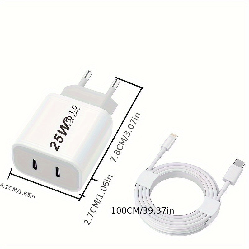 Cargador rápido dual USB-C de 25W con enchufe europeo para iPhone, Samsung y dispositivos Android