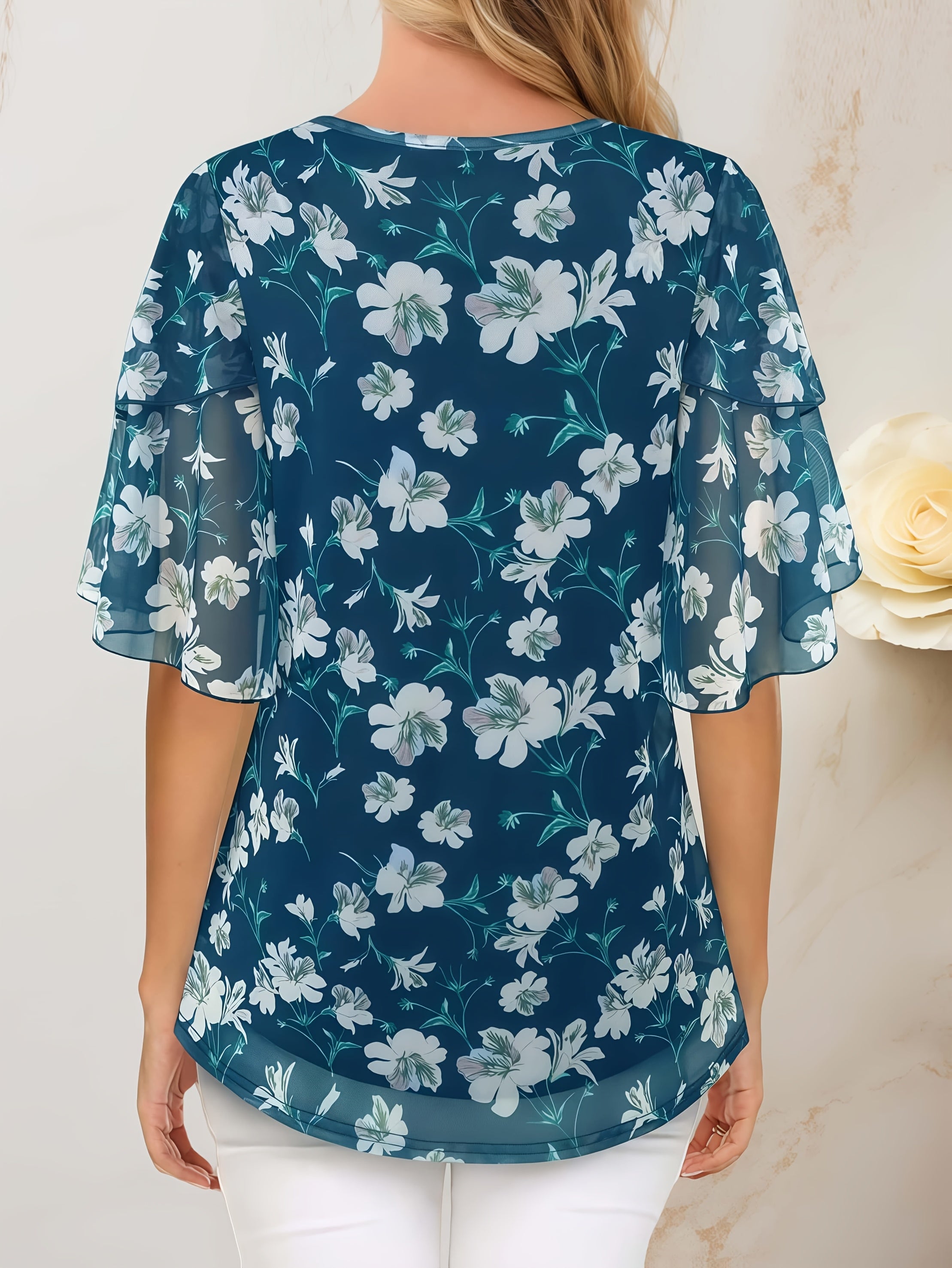 Women's Floral V-Neck Blouse with Ruffle Sleeves, Dark Blue, Short Sleeve