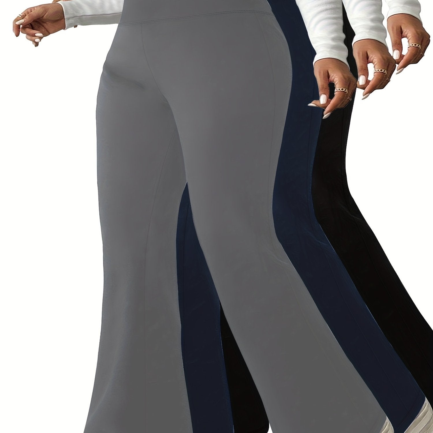 Women Stretchy High-Waist Flare Pants 3-Pack Tummy Control Black Red Navy