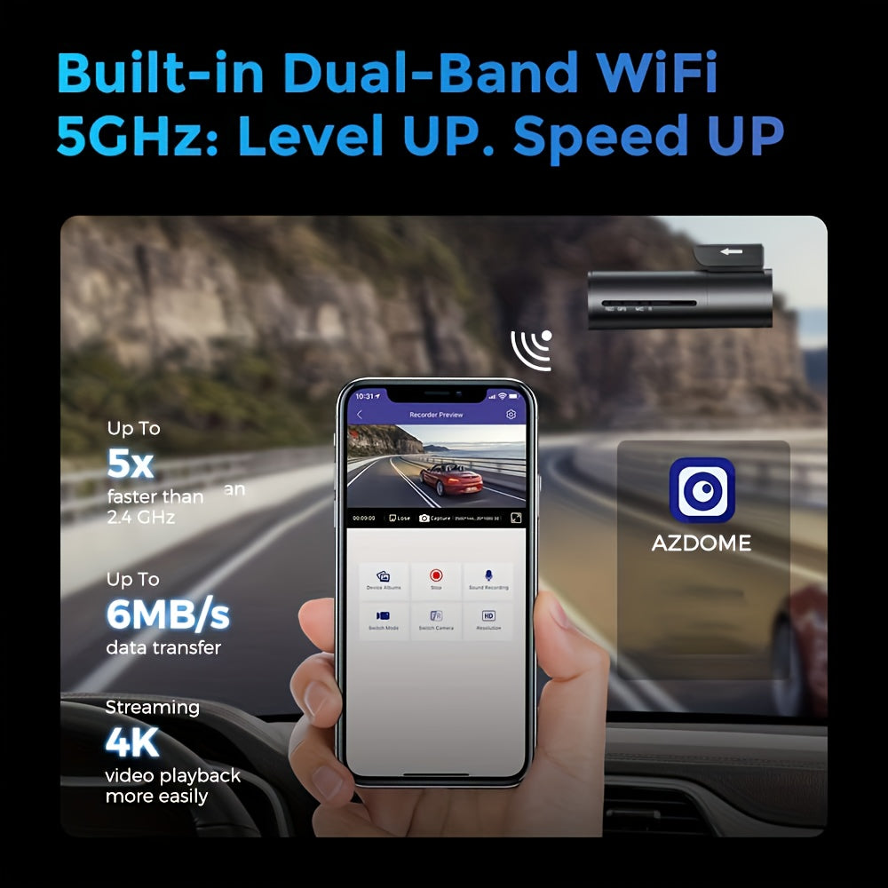 AZDOME M300S 4K HD видеорегистратор с записью спереди и сзади в реальном времени, 5G WiFi, GPS, голосовым управлением, WDR, G-сенсором, мониторингом парковки и включенной SD-картой.