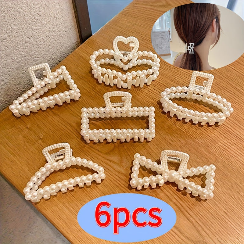 Set of 6 Vintage French Style Hair Clips with Hollow Design and Imitation Pearl Details