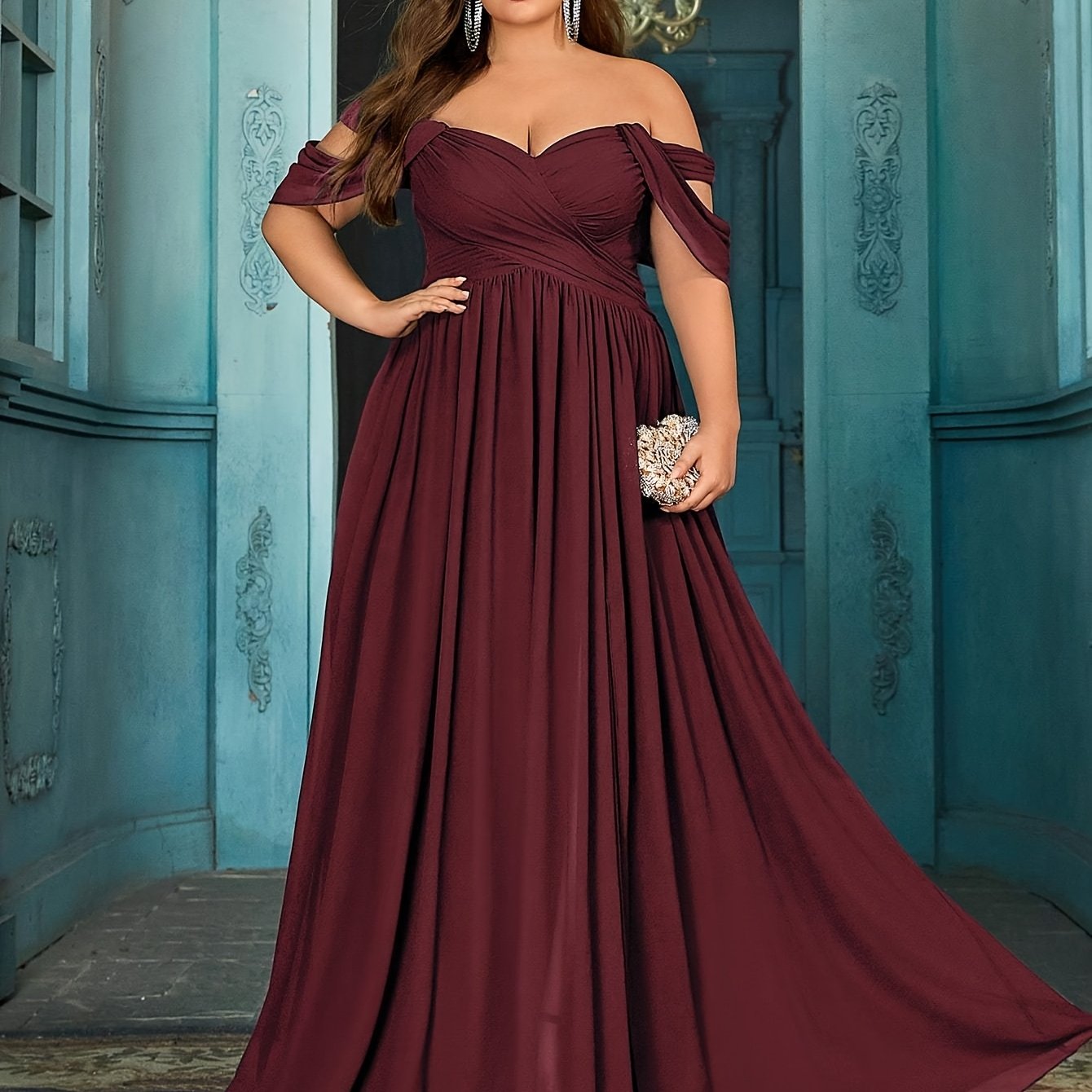 Plus Size Teal Maxi Dress Women Off-Shoulder Ruched A-Line Evening