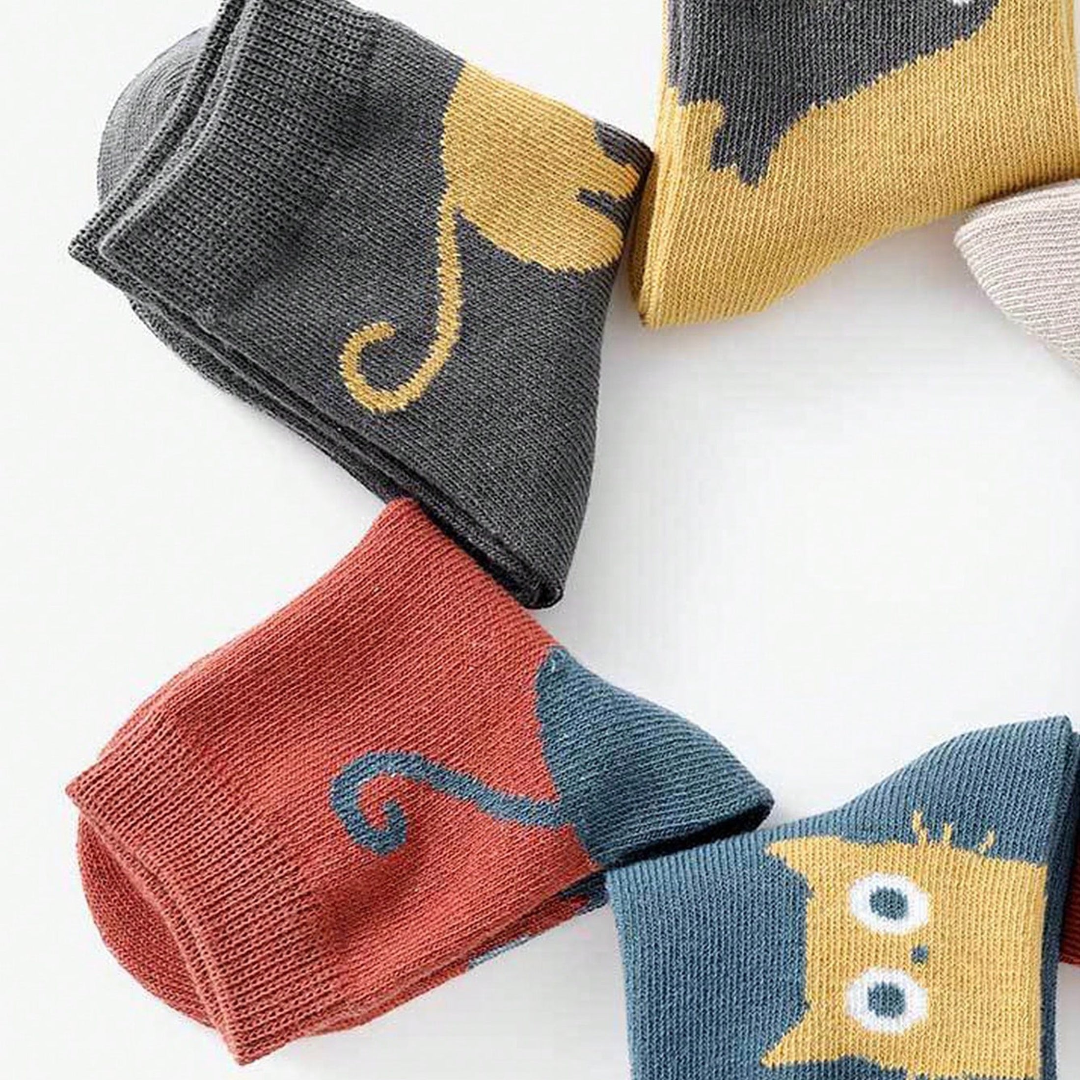 Bolalar uchun o'rta uzunlikdagi trikotaj paypoq, 5 ta paketda, multfilm mushuk naqshli, Polyester aralashmasi, barcha mavsum uchun