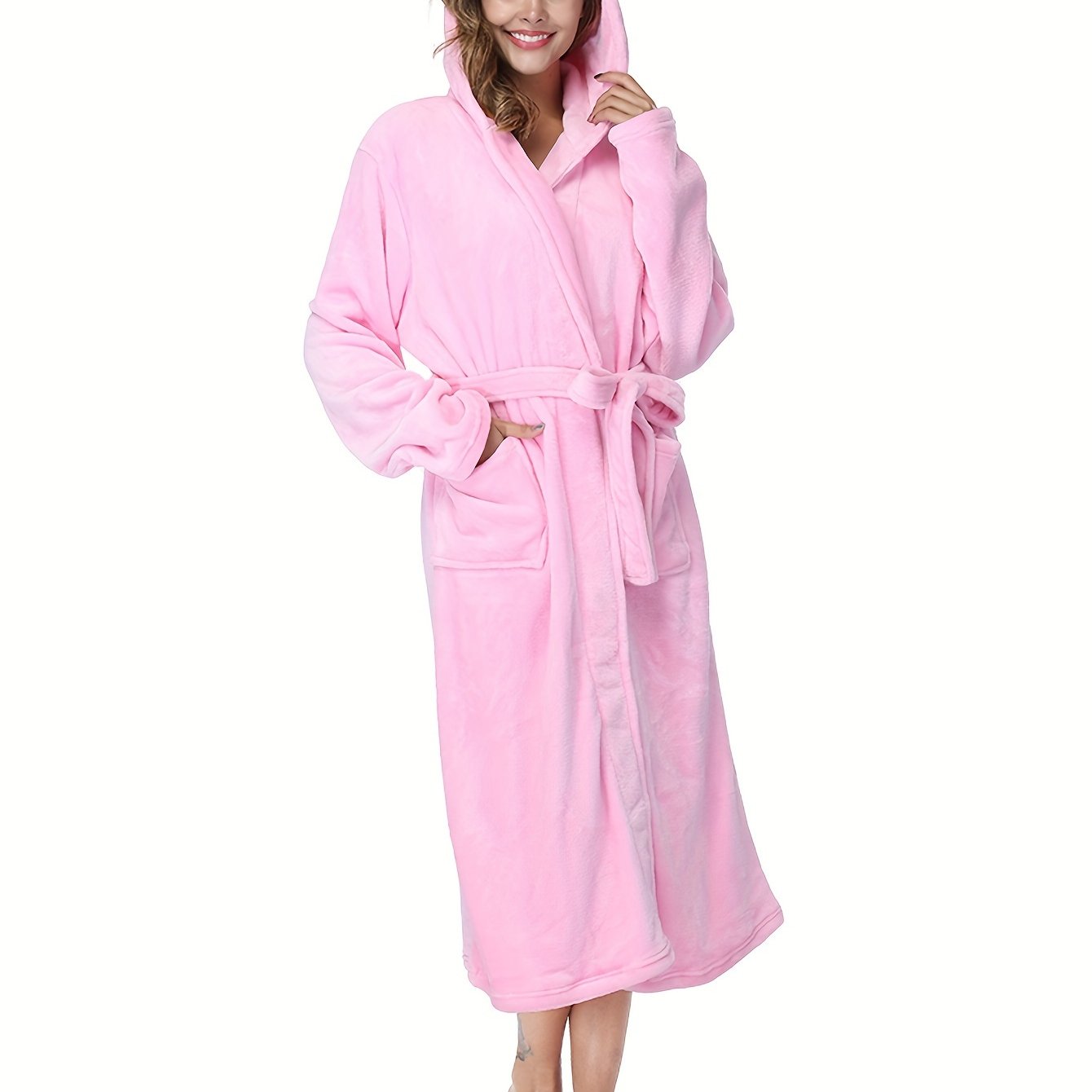 Ayollar uchun uyqu kiyimlari uchun uzun yengli, kapuchonli, belbog'li va cho'ntakli yumshoq tunika.