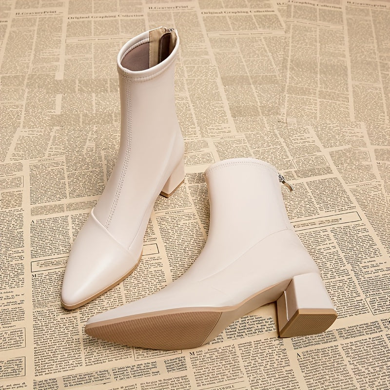 Women’s Faux Leather Pointed Toe Chunky Mid-Heel Ankle Boots Black All-Season