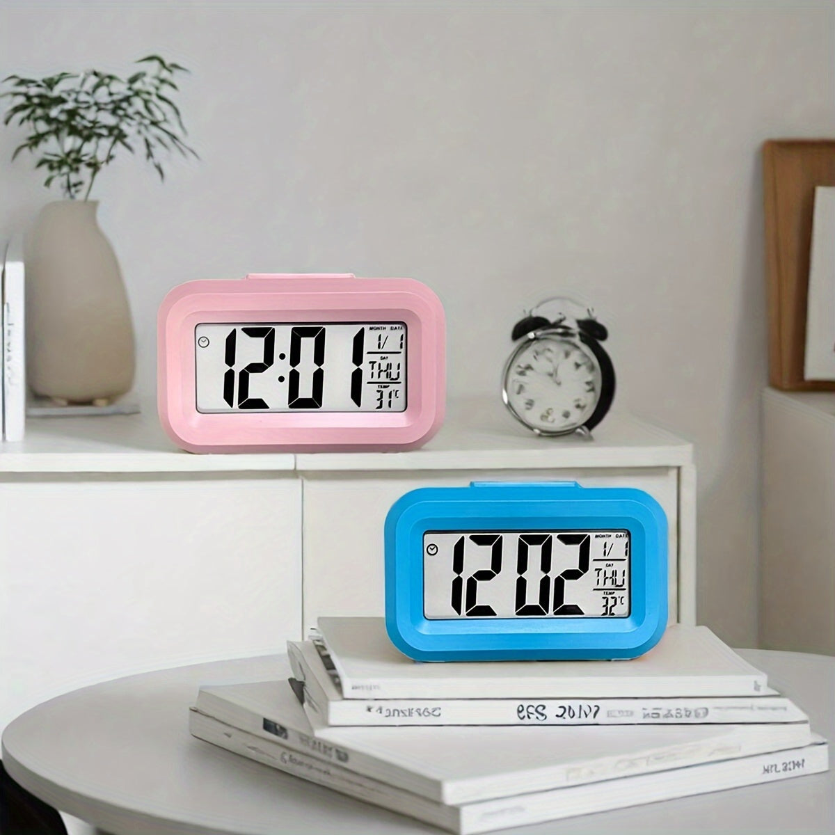 Pink Mini LED Desk Clock with Backlight Temperature Calendar Digital Display Battery-Powered
