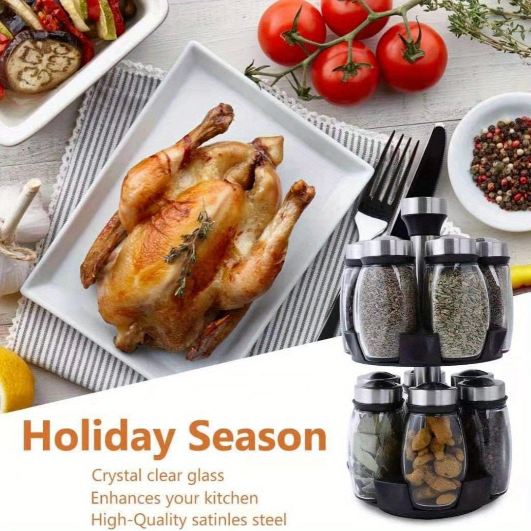 Rotating 12-Jar Spice Rack Organizer with Glass Jars for Kitchen Countertop