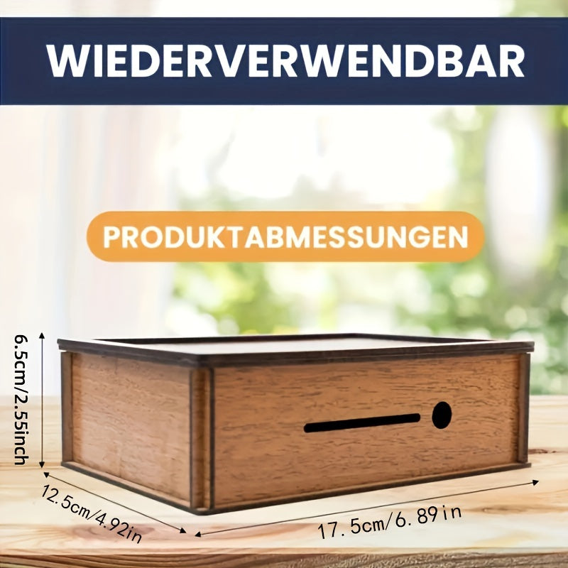 Yuvilishi mumkin bo'lgan hisoblagichga ega yog'och penny bank uy dekoriga joziba qo'shadi va yoshlar uchun tejash qutisi sifatida xizmat qiladi.