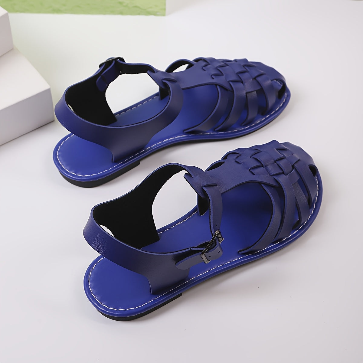 Women's Woven Closed-Toe Roman Sandals Adjustable Buckle Flat Summer Shoes
