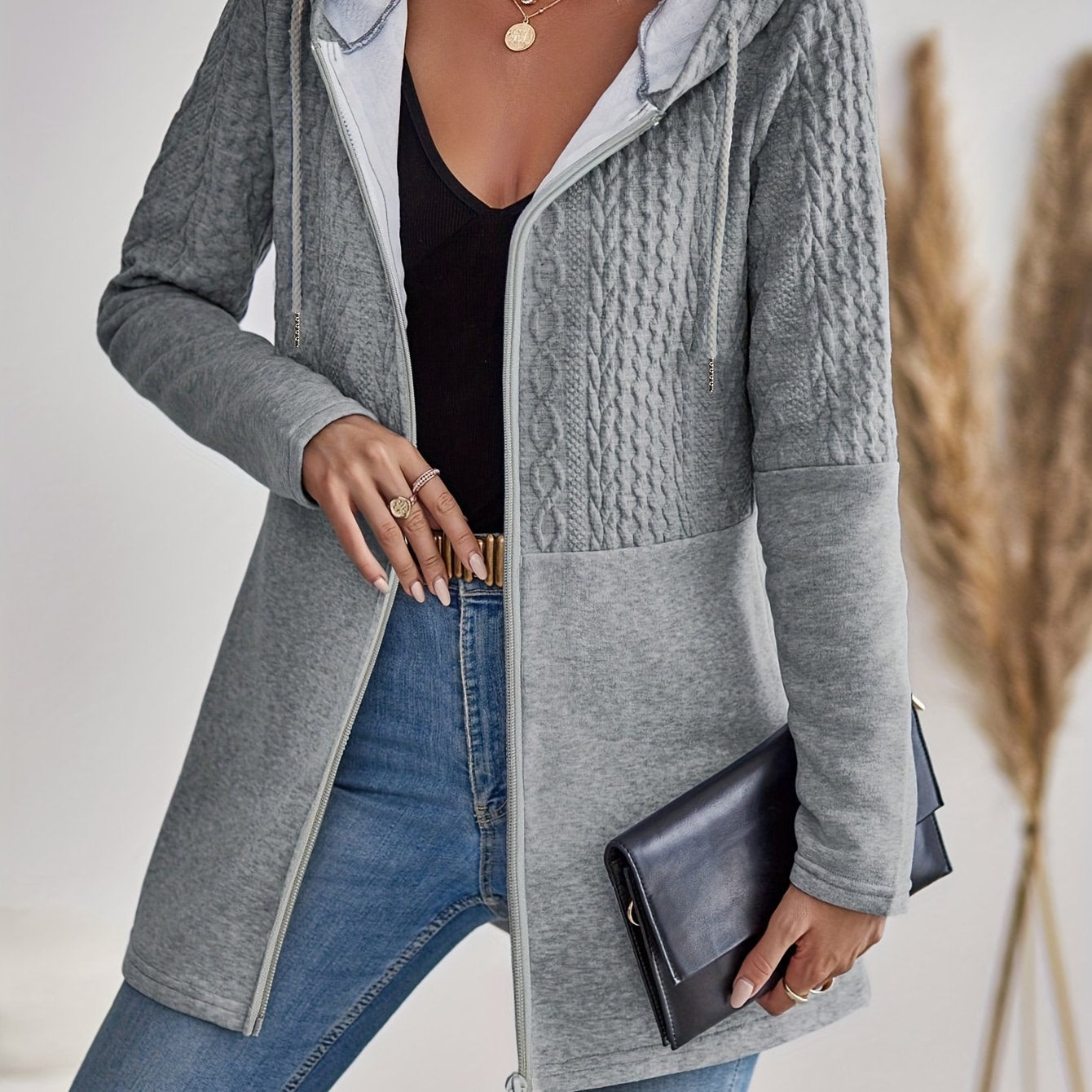 Women's Gray Hooded Cardigan Polyester Zipper Solid Color All Season