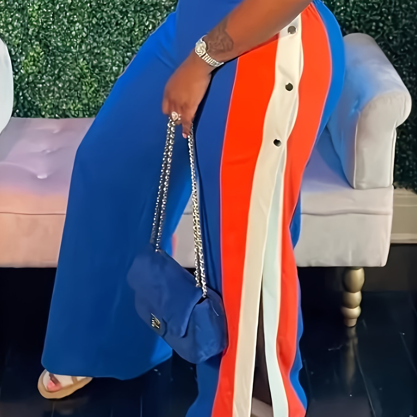 Women Wide Leg Palazzo Pants Color-Blocked Split Design Casual Summer Fashion