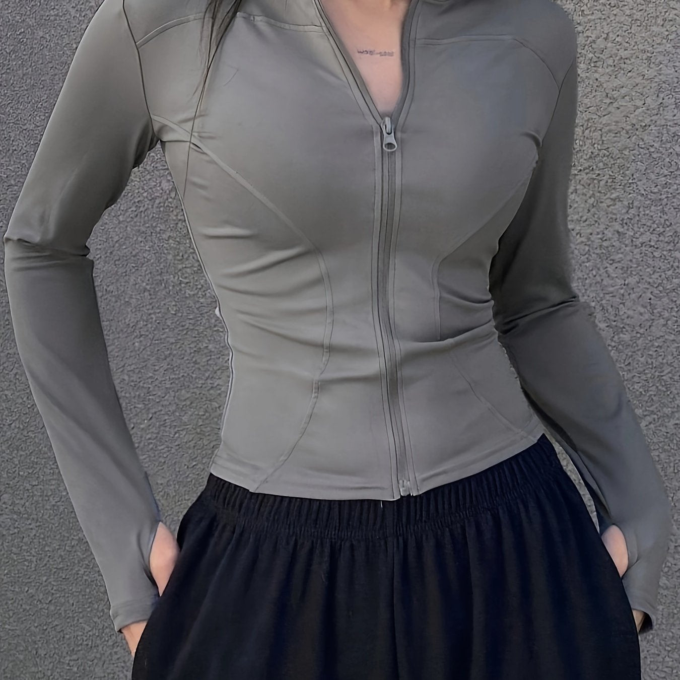 Women's Slim Fit Long Sleeve Mock Neck Zipper Top for Spring and Fall