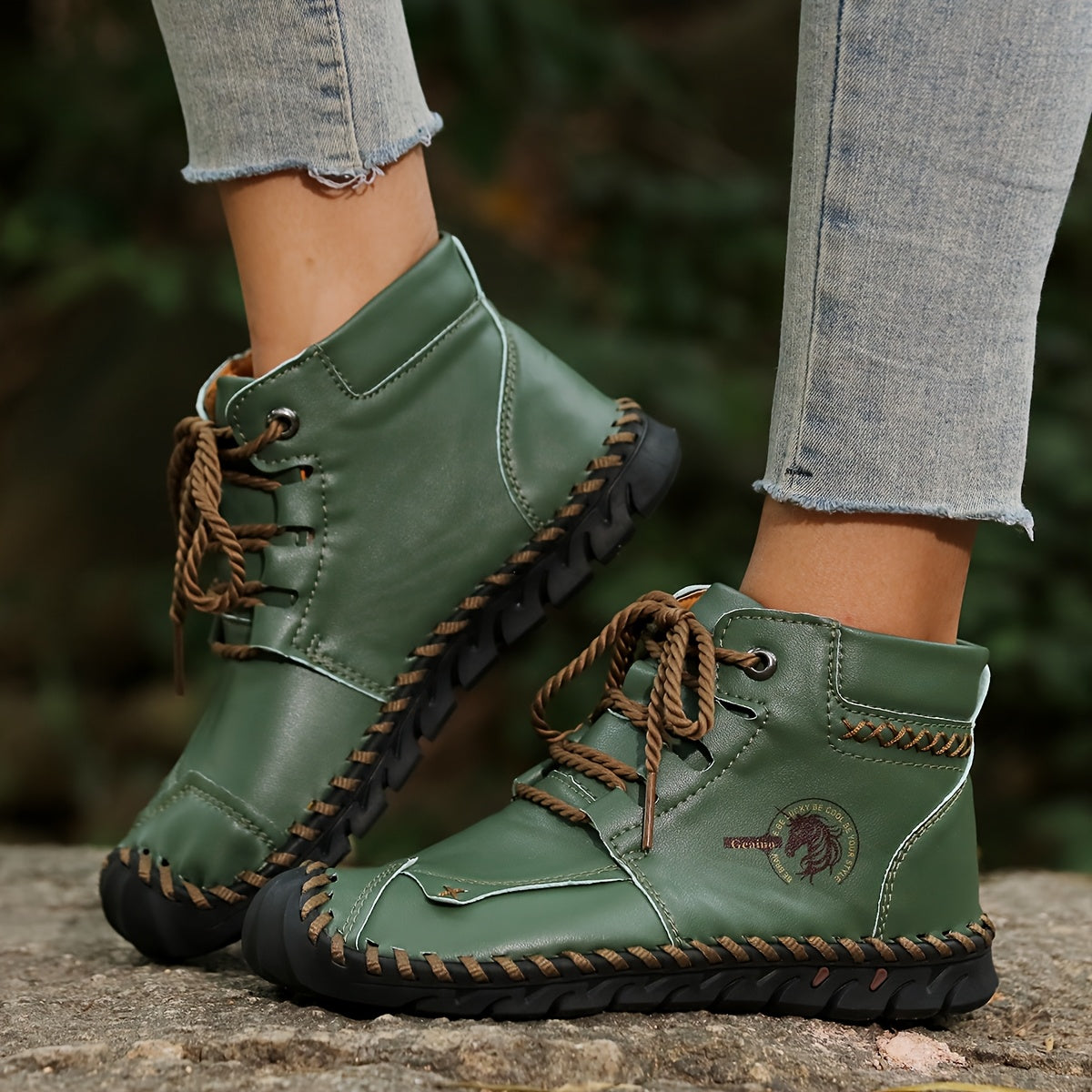 Women's Vintage-Inspired High-Top Lace-Up Boots with Flat Heel