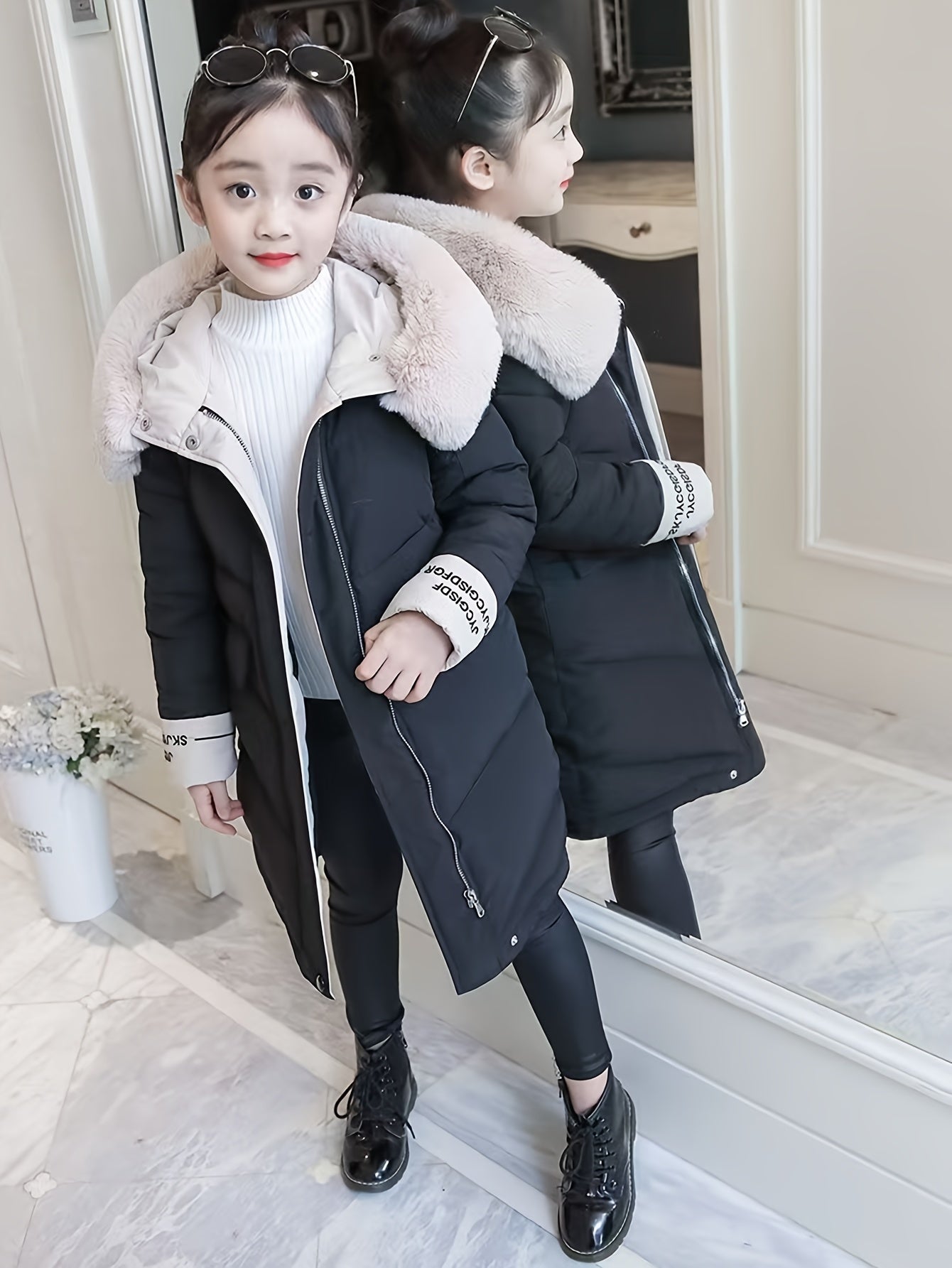 Girls Winter Puffer Coat with Faux Fur Hood Embroidered Alphabet Skinny Fit