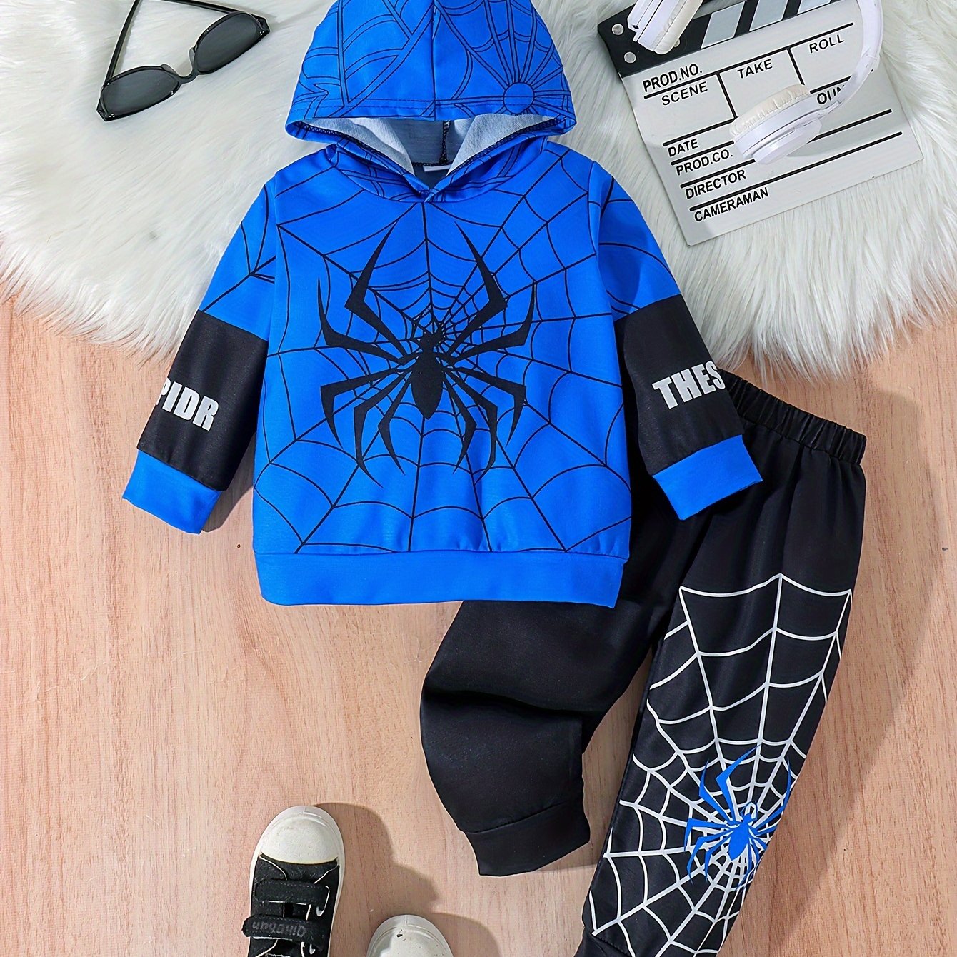 Boy's Spider Print Hooded Outfit Set Web Pattern Spring Fall 2pcs