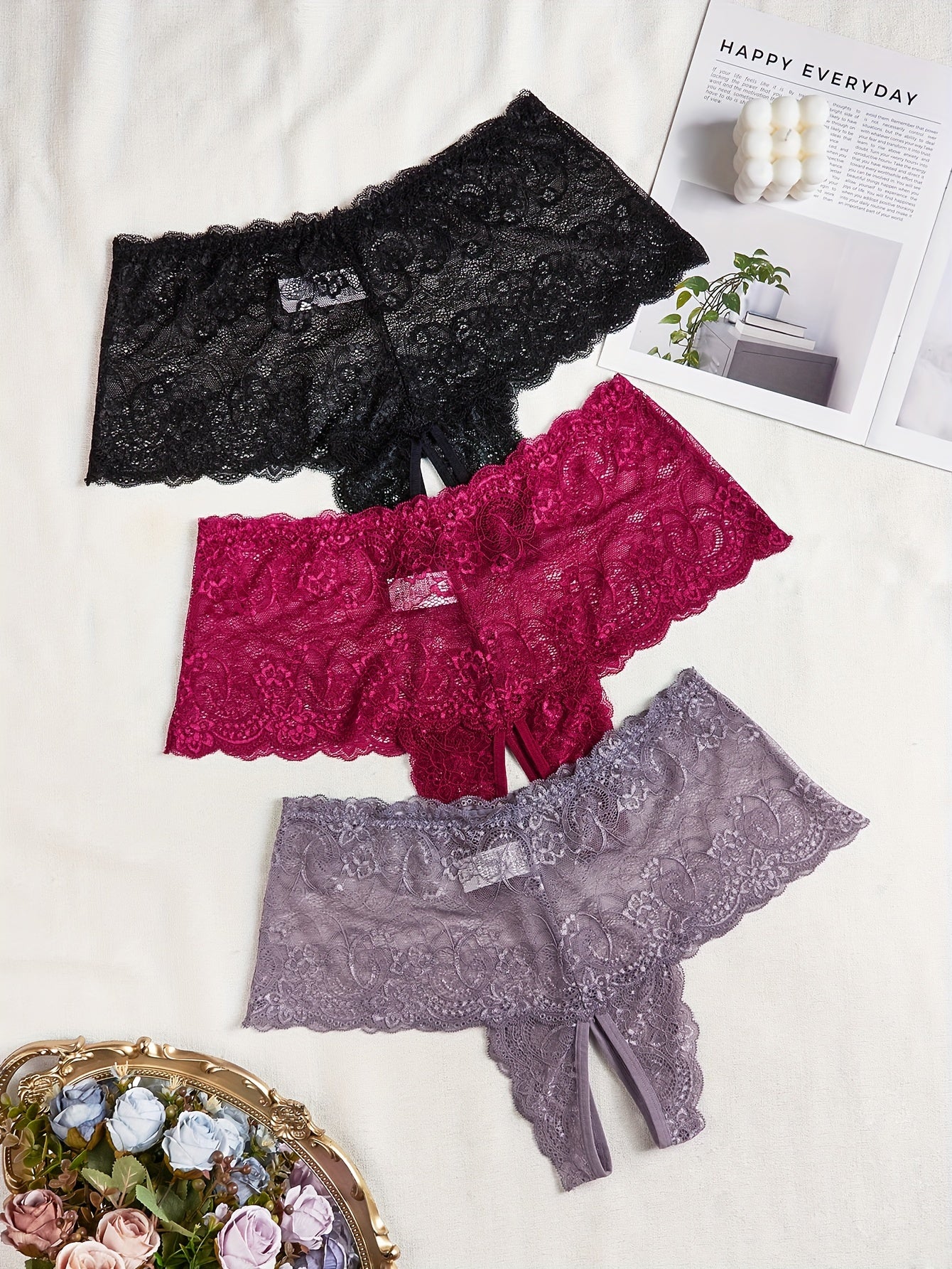 Женские трусы больших размеров с цветочным кружевом, открытым промежностью, на среднем поясе, 3 шт.