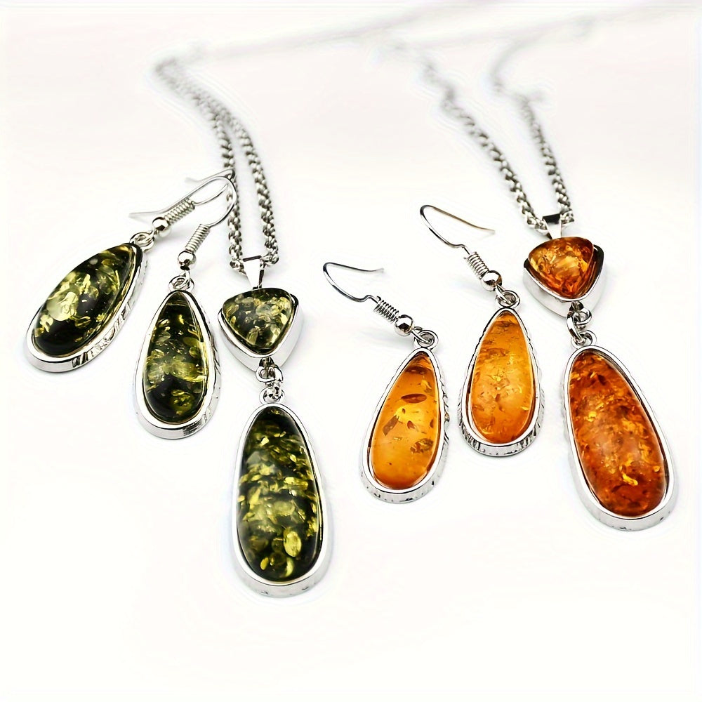 Vintage Amber Teardrop Pendant Necklace and Earrings Set for Women with Natural Stone and Geometric Chain