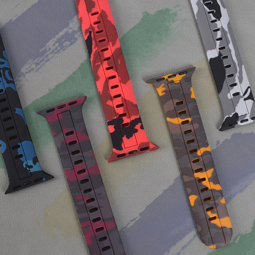 Ko'p rangli kamuflyaj silikondan yasalgan sport tasmasi IWatch Series 9-1 SE uchun, suv o'tkazmaydigan, terga chidamli, qulay, mustahkam, metall sozlash teshigi bilan, kapalak dumiga o'xshash dizayn.