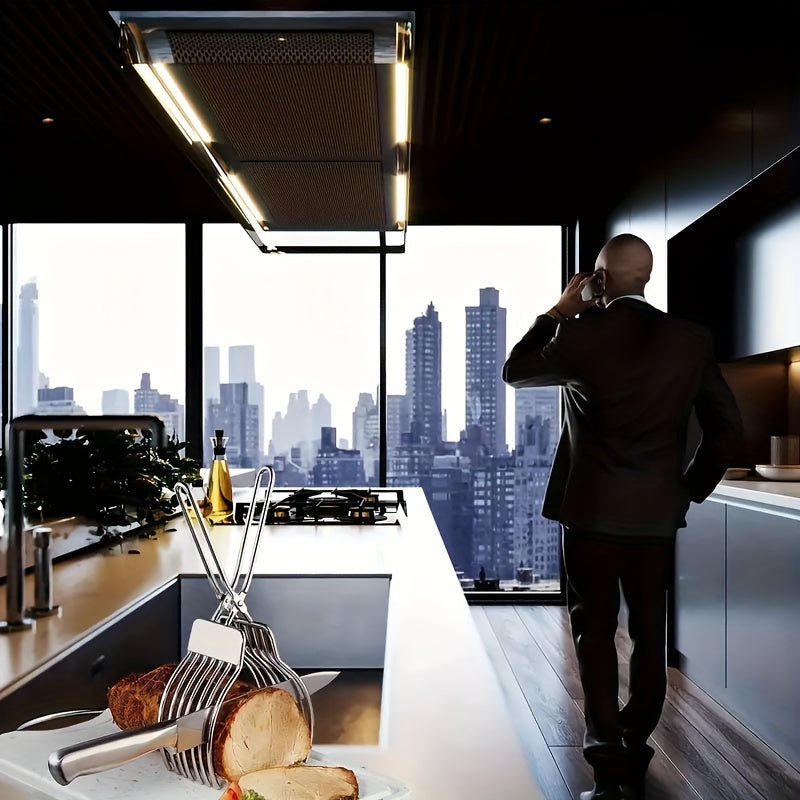 Cortadora de carne de acero inoxidable con pinzas integradas para roast beef, jamón, pan y barbacoa