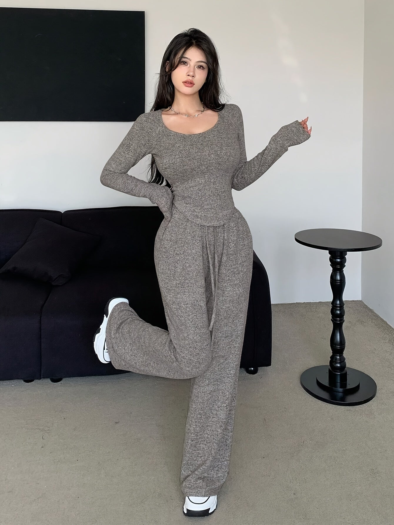 Women's Fall Winter Polyester Crew Neck Top and Loose Fit Pants Loungewear Set