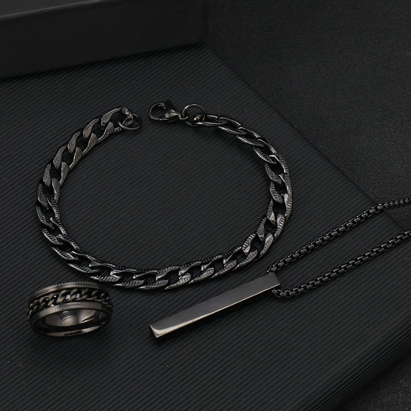 Casual Hip Hop Men's Jewelry Set Stainless Steel Black Geometric Pendant Necklace Bracelet