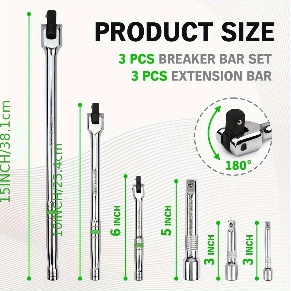 6-Piece Heavy Duty Breaker Bar Set 1/4, 3/8, 1/2 Inch Drive Steel