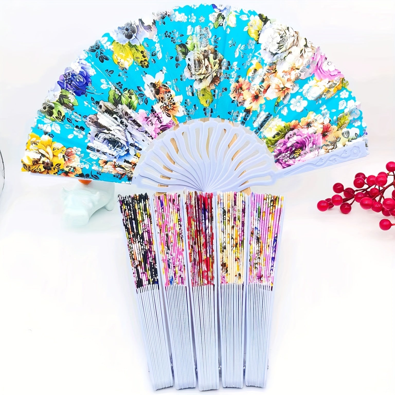 12 Elegant Floral Linen Texture Handheld Fans with Golden Accents and Folding Design