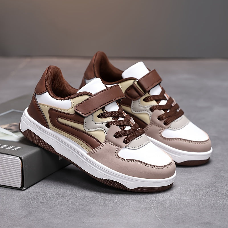 Zapatillas bajas para niños ligeras con rayas y cubierta de imitación casual para correr, deportes, marrón y blanco